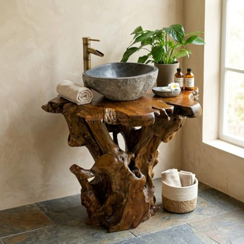 Wurzelholz Waschtisch SUTISAN aus Massivholz – Handgefertigter Badezimmer Waschtisch aus Teak Wurzelholz – Natur Holz Waschbecken Unterschrank Unikat