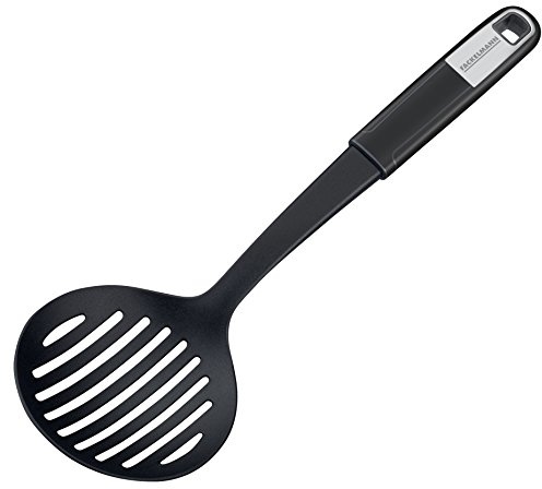 Fackelmann Abseihlöffel 32 cm SENSE, Schöpfkelle zum Abseihen aus Kunststoff, rutschfester Soft-Touch-Griff, Küchenhelfer für beschichtete Pfannen und Töpfe (Farbe: Silber/Schwarz), Menge: 1 Stück