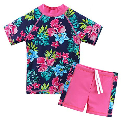 ZNYUNE Mädchen Zweiteiliger Badeanzug Stoffdruck Kinder Schwimmanzug Badehose Badebekleidung UV-Schutz 50+ Badeset Rash Guards Bademode S200 NavyFlower 10A
