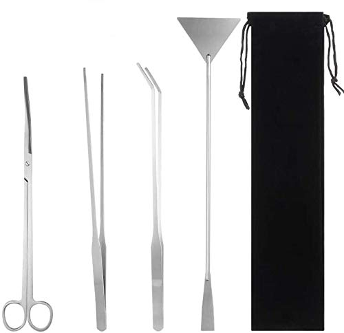 RosewineC Edelstahl Aquarium Tools Lang Aquascaping Container Wasserpflanze Pinzette und Schere Spachtel Tool Set mit Schwarzen Aufbewahrungstasche Aquarium Reinigungsset für Aquarium Starter Kit