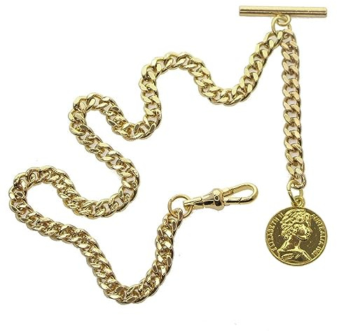 watchvshop Albert Chain Gold Tone Pocket Watch Chain Vest Chain for Men Fob T Bar with Swivel Clasp with Queen Design Medal Fob Charm AC79A