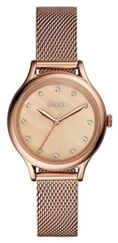 Fossil Damen Quartz Armbanduhr, 34.00mm GehäusegröÃŸe mit Perlmutt analog Zifferblatt und Rosegold Metallarmband Armband BQ3392