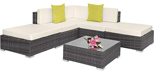 tectake® Aluminium Poly Rattan Lounge, modulares Gartenmöbel Set, großer Outdoor Couch Tisch mit Glasplatte, Sofa Set wetterfest für Garten, Balkon und Terrasse, extra Dicke Polster - grau