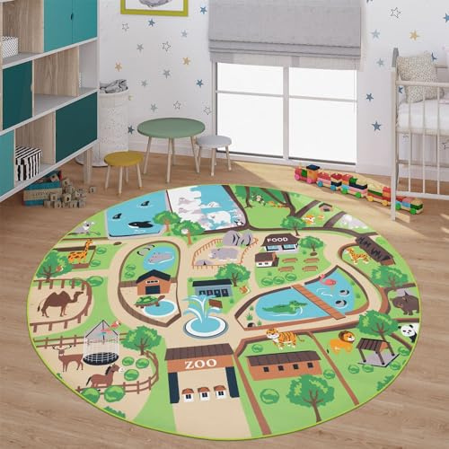 TT Home Kinder-Teppich, Spiel-Teppich Für Kinderzimmer, Zoo Mit Tiger, Bär, Bunt, Größe:Ø 200 cm Rund