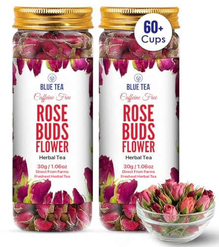 BLUE TEA - Rose Buds Tea - 60 gm (Pack of 2) | Natural Sun Dried Buds, Caffeine-free Herbal Tea, Rich in VIT - C | Recycled Food Grade Pet Jar