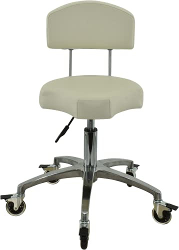 VAKON SALON - Ergonomischer Rollhocker mit Lehne in Weiß - Rollen mit Bremse - Höhenverstellbarer von 50-65 cm - Drehhocker Arbeitshocker Praxishocker