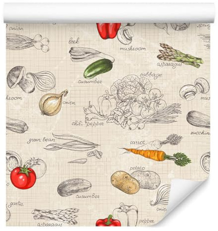 Muralo Tapete 10m Rolle Vlies Tapete Küche Essen Gemüse Paprikas Tomaten Pilze Vliestapete 1000 x 53cm Wand Tapete Wohnzimmer Schlafzimmer Moderne Wanddeko Wand Dekoration