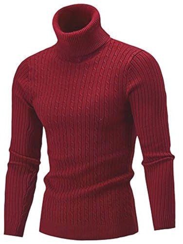 AIDEAONE Maglione Collo Alto Uomo Maglione Dolcevita Uomo Maglione Lavorato a Maglia Slim Fit a Costine Casual Collo Alto Pullover Dolcevita Rosso