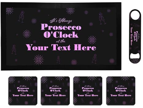 Bang Tidy Clothing Personalised Bar Runner Mat, Matching Bottle Opener & 4 x Drinks Coasters Gift Set - Beer Gifts Home Bar Accessories for Pub Bars Man Cave - PROSECCO - ADD NAME/TEXT