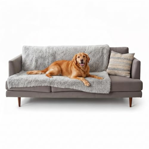 FurHaven Waterproof Throw Blanket For Dogs & Indoor Cats, Reversible Protective Pet Blanket, Extra Large, Long Faux Fur & Velvet, Mist Gray