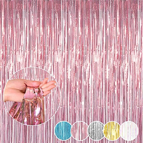 Metallic Tinsel Foil Fringe Curtains, Photo Booth Backdrop Hanging Door Streamers for Birthday Party, Pink Party Decorations-3.2Ft x 6.56Ft