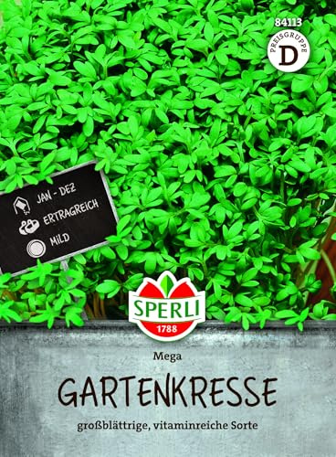 Sperli Gartenkressesamen Mega 84113, Kräutersaat | Mild-senfartiger Geschmack, für Fensterbank & Gartenanbau, schnellwachsend, Kräuter, einjährig, Wuchshöhe ca. 5-8 cm