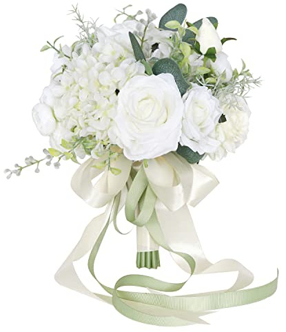 FEILUOYI Wedding Bridal Bouquet Bridesmaid Bouquet Artificial Wedding Bouquet White Rose, Church, Home Decor Gift