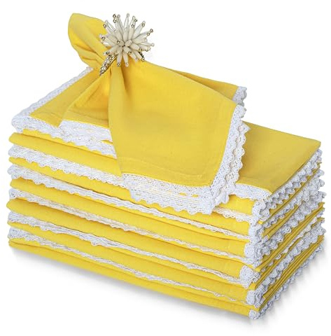 FINGERCRAFT Lace Cloth Napkins, Cotton Linen, 12 Pack, 20x20 Inch, Yellow