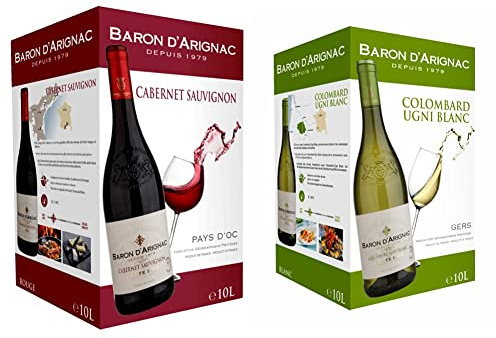Baron d'Arignac - Vin rouge 10L Cabernet Sauvignon IGP Pays d'Oc - Bag in Box BIB 10L (1 x 10L) & Vin Blanc 10L - Vin de Pays du Gers - France - Bag in Box BIB 10L (1 x 10L)