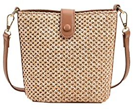 Ulisty Damen Klein Strohtasche Mini Gewebt Eimer Tasche Sommer Strandtasche Mode Schultertasche Umhängetasche Handtasche braun