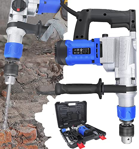 Rotary Hammer Electric Drill Impact Drill 3 IN1, Drilling Chiselling Corded Hammer Drill with Drill Bits & Cement Drill Bits, Adjustable Soft Grip Handle Corded Drill for Home Garden DIY, with Case