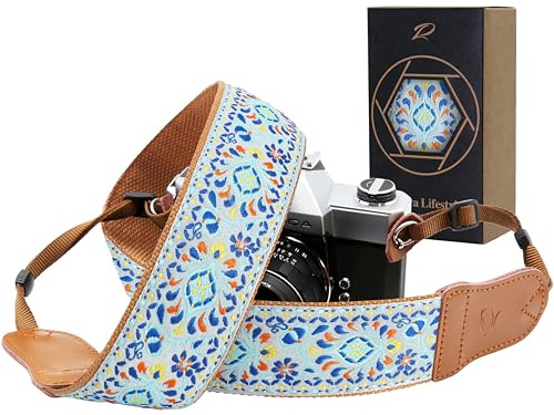 Padwa Lifestyle Sangle Appareil Photo - Extrémités en Cuir de Vachette Ddouble Couche,Sangle D'appareil Photo en Coton Brodé de 2,Bandoulière Photographe Réglable Pour Tous Les Appareils Photo DSLR