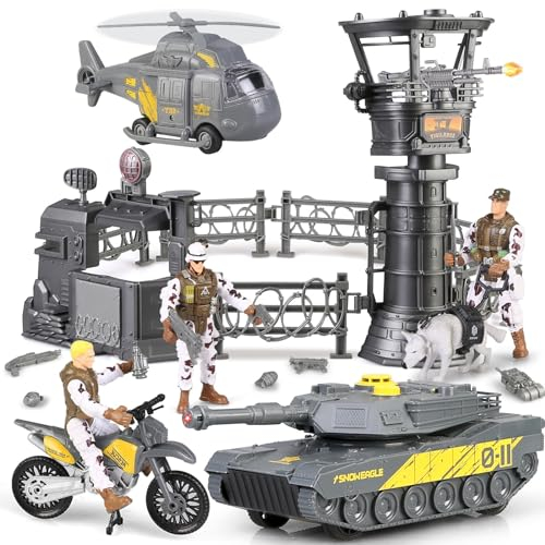 Militare Base Toys Set, Veicoli Militari Elicottero Tank Toys, Esercito Uomini Soldati Action Figure e Arma Gear Accessori Militari Combattimento Moto Giocattoli Regalo per Bambini Ragazzi Età 3+