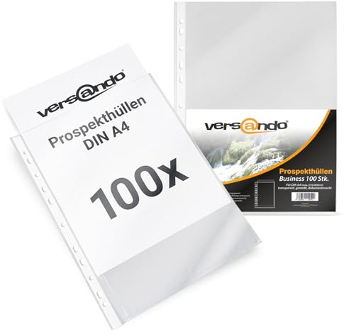 versando 100x A4 Prospekthüllen Business mit Heftrand Klarsichthüllen | genarbt transparent 60my (1x 100 Stück)