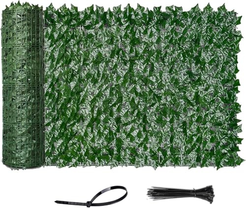 Vinclus Künstliche Efeu Garten Sichtschutz,Balkon Sichtschutz,Künstliche Efeu Blatt Dekoration für Gartenhecken Balkon Außendekoration 1 x 6m（Enthalten 4ps 0.5 x 3m）