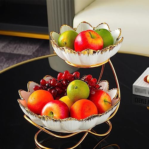 Ciotola for frutta a 2 livelli, piatto di caramelle for snack di frutta in ceramica con piedistallo in metallo, cesto for espositore for frutta secca con noci, bancone da cucina decorativo for il Ring