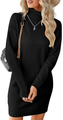 JFAN Vestito Donna Invernale Lungo Casual Abito in Maglia Collo Alto Vestiti Invernali Eleganti Tinta Unita Maniche Lunghe Nero S