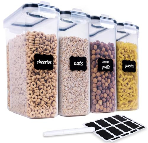 4 Stück 2,5L Vorratsdosen mit Deckel, BPA freie Kunststoff Frischhaltedosen, Transparent Luftdicht Küche Aufbewahrungsbox Müsli Schüttdose für Mehl Zucker Spaghetti, mit Etikett und weißem Stift