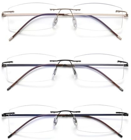 ZUVGEES 3 Stueck Randlos Metall Blaulichtfilter Lesebrille für Herren und Damen Lightweight Anti-blaue Computerbrille