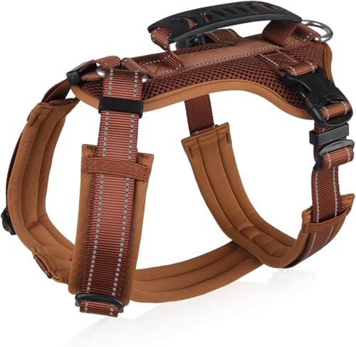 Duuclume No-Pull Hundegeschirr, ausbruchsicher, reflektierend, Hundegeschirr mit Griff, bequeme Hundeweste mit gepolstertem Stoff, verstellbare Geschirre für Gehen, Laufen, Training, Outdoor (Braun,