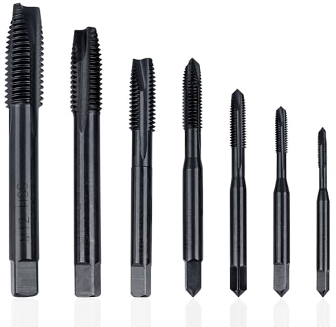 Treki Thread Tap Set, 7pcs Metric Spiral Point Taps Plug Screw Tap Standard Tap Drill Bit HSS Nitriding Coated Bottoming Taps M3 M4 M5 M6 M8 M10 M12