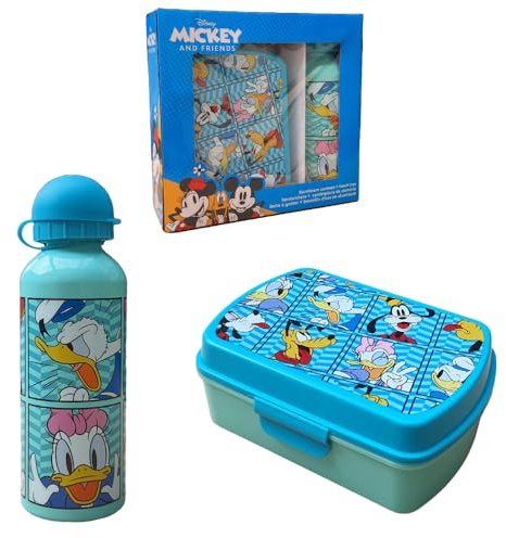CARTOON Set borraccia in alluminio e portamerenda in plastica riutilizzabile BPA free Topolino Disney 2 pezzi set pranzo per bambini