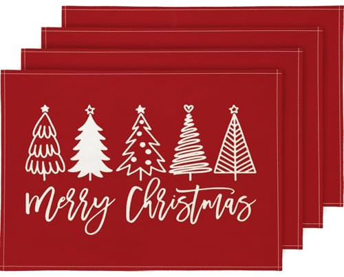 YCOLL Platzset Weihnachten 4er Set Weihnachtsdeko Tisch Tischsets Platzsets Abwaschbar Platzdeckchen Rot Weihnachtsuntersetzer für Drinnen und Draußen Esszimmer Party Dekoration 30x45cm