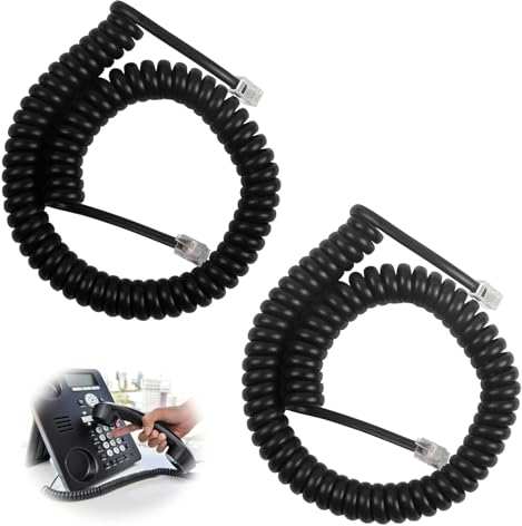 2Pcs Cavo Telefonico Spirale RJ9 Nero, Lunghezza Estensibile da 3 a 10 Piedi, per Telefono Fisso, Fax e Modem, Connettori di Cristallo per Comunicazioni Chiare