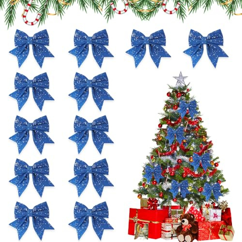 Udbrud 12 Stück Schleifen Weihnachten, Glitzer Weihnachtsschleifen Bogen Hänge Deko, Christbaumschmuck Geschenkschleife, Weihnachtsbaumschmuck Weihnachtsbaumschleifen für Basteln, Verpacken (Blau)