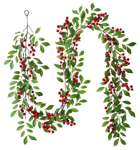 200cm Beerengirlande Stechpalme Deko, Beerengirlande Weihnachtsgirlande, Weihnachten Girlanden mit roten Beeren und grünen Blättern, Künstliche Rote Beerengirlande für Urlaub, Kamin, Treppe