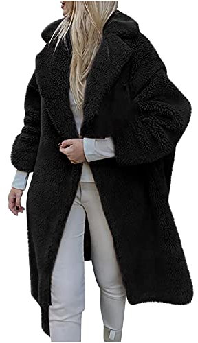 Komiseup Winterjacke Damen, Fleecejacke Damen, Kunstpelz Jacke Mantel Lang Dick Wintermantel Offener Front Plüschjacke mit Kapuze Elegant Winter Pelzmantel Kunstfell Oberbekleidung Faux Pelz Coat 23