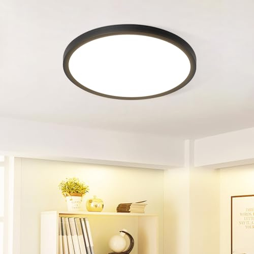 muyuua Deckenlampe LED Deckenleuchte Flach - Rund Badezimmerlampe 18CM IP44 Wasserdicht Badlampe Küchenlampe Decke Schwarz Flurlampe 15W Augenschutz 3000K Warmweiß Schlafzimmerlampe für Bad Küche Flur