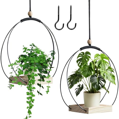2 Stück Blumenampel Hängend Innen, Makramee Blumenampel Metallring mit Holzsockel, Hängetopf für Pflanzen, Hängender Blumentopf Hängend, Hängeampel Blumen, Hängepflanzen Topf mit Aufhängehaken (A)