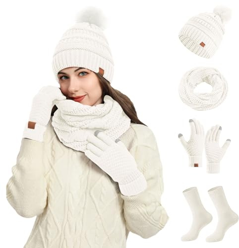 Generisch Ensemble de 4 bonnets d'hiver en laine pour femme - Avec gants et chaussettes - Bonnet et écharpe, Blanc., taille unique