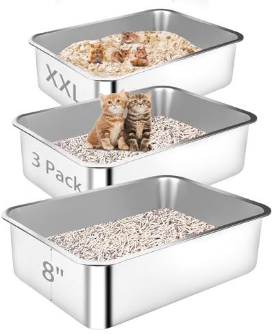Bartuke 3er Set Edelstahl katzenklo XXL, Große Katzentoilette, 60x40x20cm | Katzenklo Metall, Offene Katzentoilette für Katzen und Kleintiere, Antihaftbeschichtet, Geruchsfrei & Leicht zu Reinigen