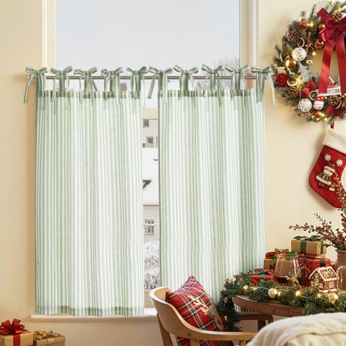 TOPICK Green Striped Linen Blend Kitchen Curtains for Living Room Bathroom Cupboard Bedroom 24 Inch Drop Pinstripe Cafe Small Window Curtains Light Filtering Tie Top 2 Panels