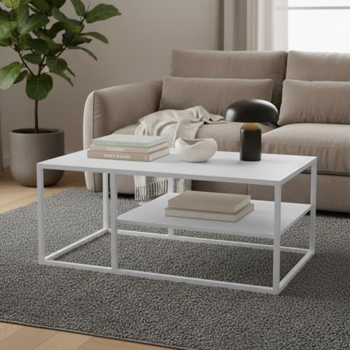 skølm Skadi Couchtisch 45x100x60 cm, Weiß, 2 Ablagen, Wohnzimmertisch | Beistelltisch mit Ablagefläche, Sofatisch höhenverstellbar, Mitteltisch, eckiger Kaffeetisch mit Stauraum für Wohnzimmer