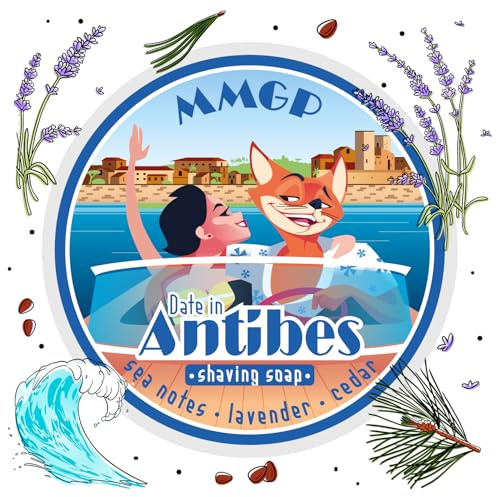 Savon à raser artisanal « Date in Antibes » (MMGP) – Fabriqué au Royaume-Uni – Notes de mer, lavande et cèdre – 7 beurres – Ingrédients entièrement naturels