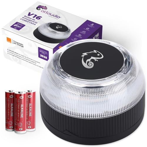 Altaudia Luz de Emergencia v16 Geolocalizada y conectada DGT 3.0 - Obligatoria desde Enero 2026, Baliza Homologada Automóviles, Visible 1km-360°, Resistente al Agua, Pilas Incluidas, Datos hasta 2038