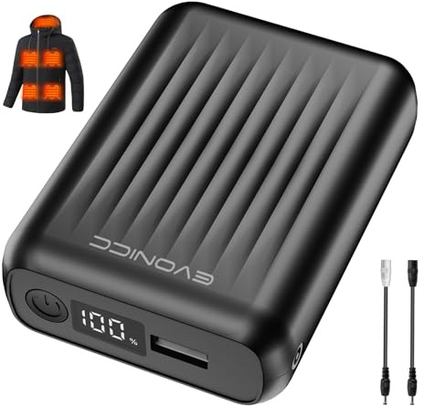 Evonicc - Batería de 12 V 18400 mAh para chamarra climatizada, banco de energía portátil recargable con salida DC/USB-A/USB-C, paquete de batería con visualización LED