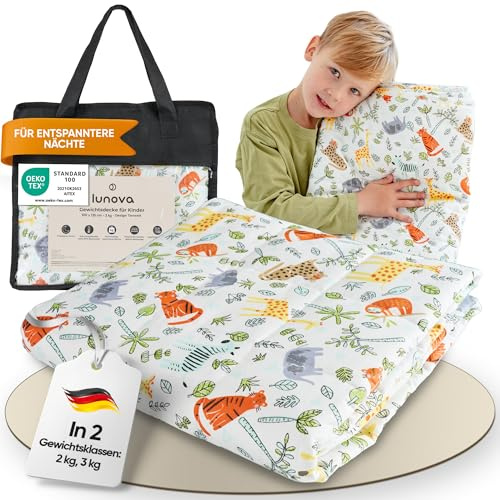 LUNOVA Gewichtsdecke Kinder | 3kg | 100x135cm - Oekotex-Baumwolle [25-35kg Körpergewicht] Waschbar Therapiedecke Entspannungsdecke Blanket entspannt schlafen! - Tierwelt