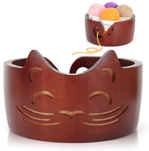 Aeelike Bols à fil pour crochet, Grand bol à fil en bois en forme de chat, Bols en bois pour laine à tricoter, grande taille 17x10cm - Rétro