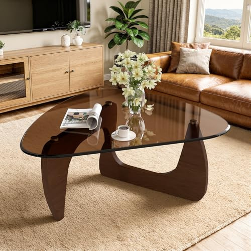 Hawthyhome Beistelltisch Dreieckig, Couchtisch aus Holz&Gehärtetes Glas mit Holzrahmen, Moderner Glas-Kaffeetische Vintage Satztische für Wohnzimmer, Büro Walnuss 90 * 65 * 40cm