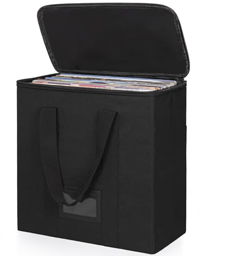 FREEAMG Aufbewahrungsbox für Vinyl-Schallplatten, Tragetasche für Schallplatten, Schallplatten Tragetasche Bietet Platz für über 30 12-Zoll-Schallplatten, Ideal zur Aufbewahrung von Alben (Schwarz)